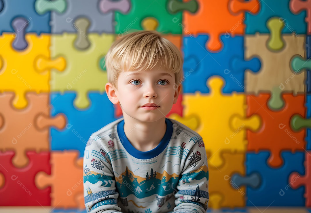 Menino loiro autista sentado sozinho e pensativo em frente a um quebra cabeça colorido