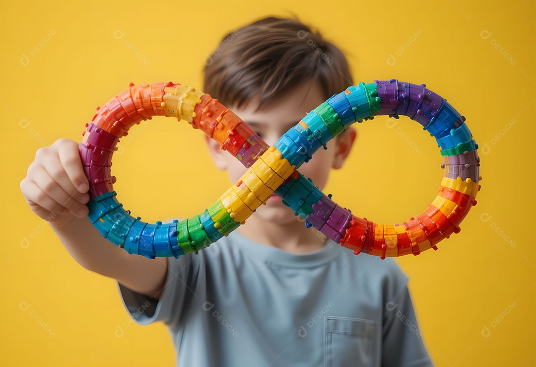 Um menino está segurando o símbolo do infinito pintado nas cores do espectro do autismo