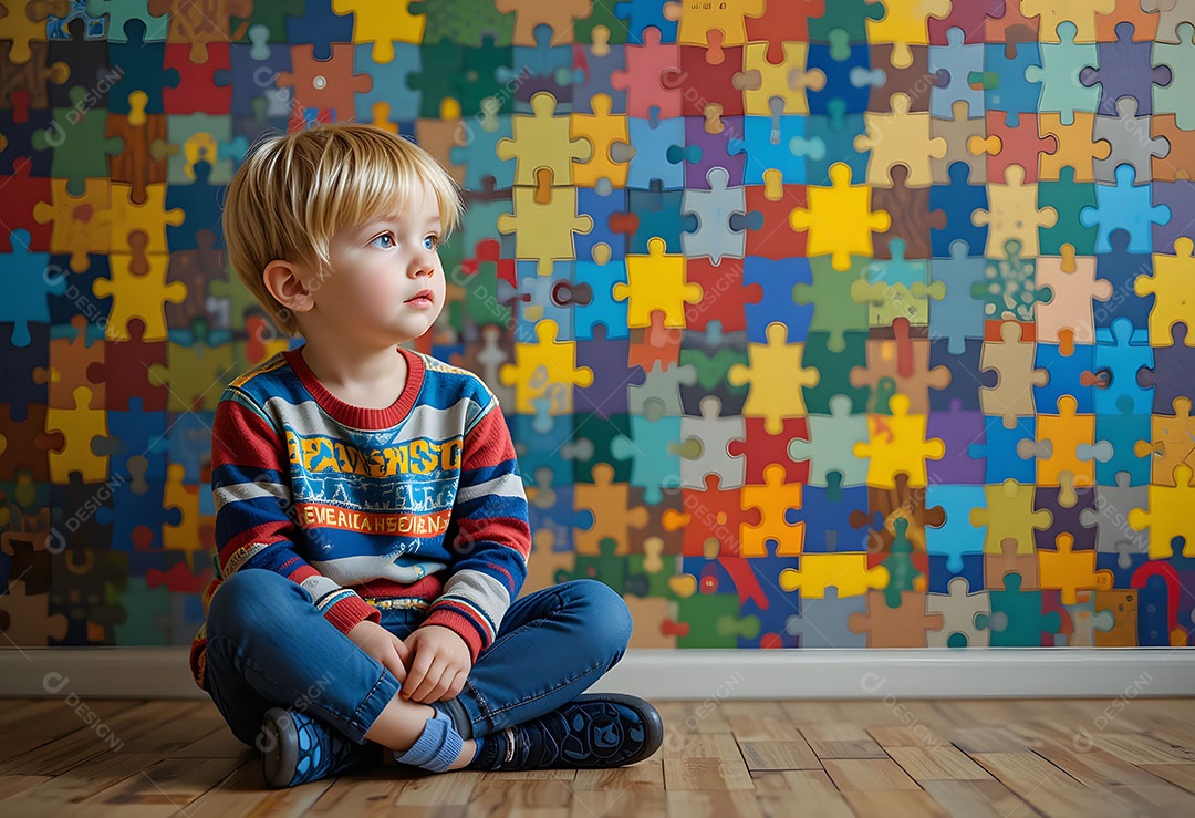 Menino loiro autista sentado sozinho e pensativo em frente a um quebra cabeça colorido