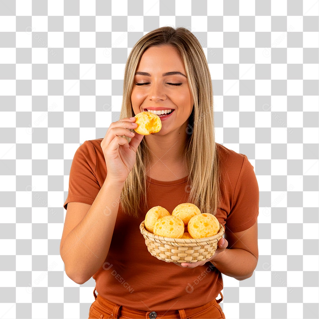Mulher Mostrando Pão de Queijo PNG Transparente