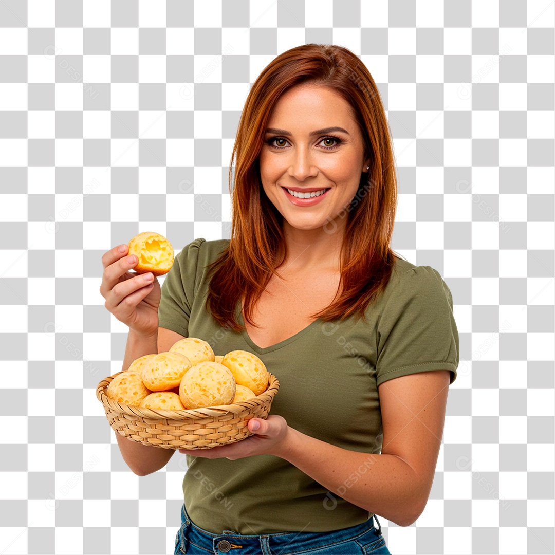 Mulher Mostrando Pão de Queijo PNG Transparente