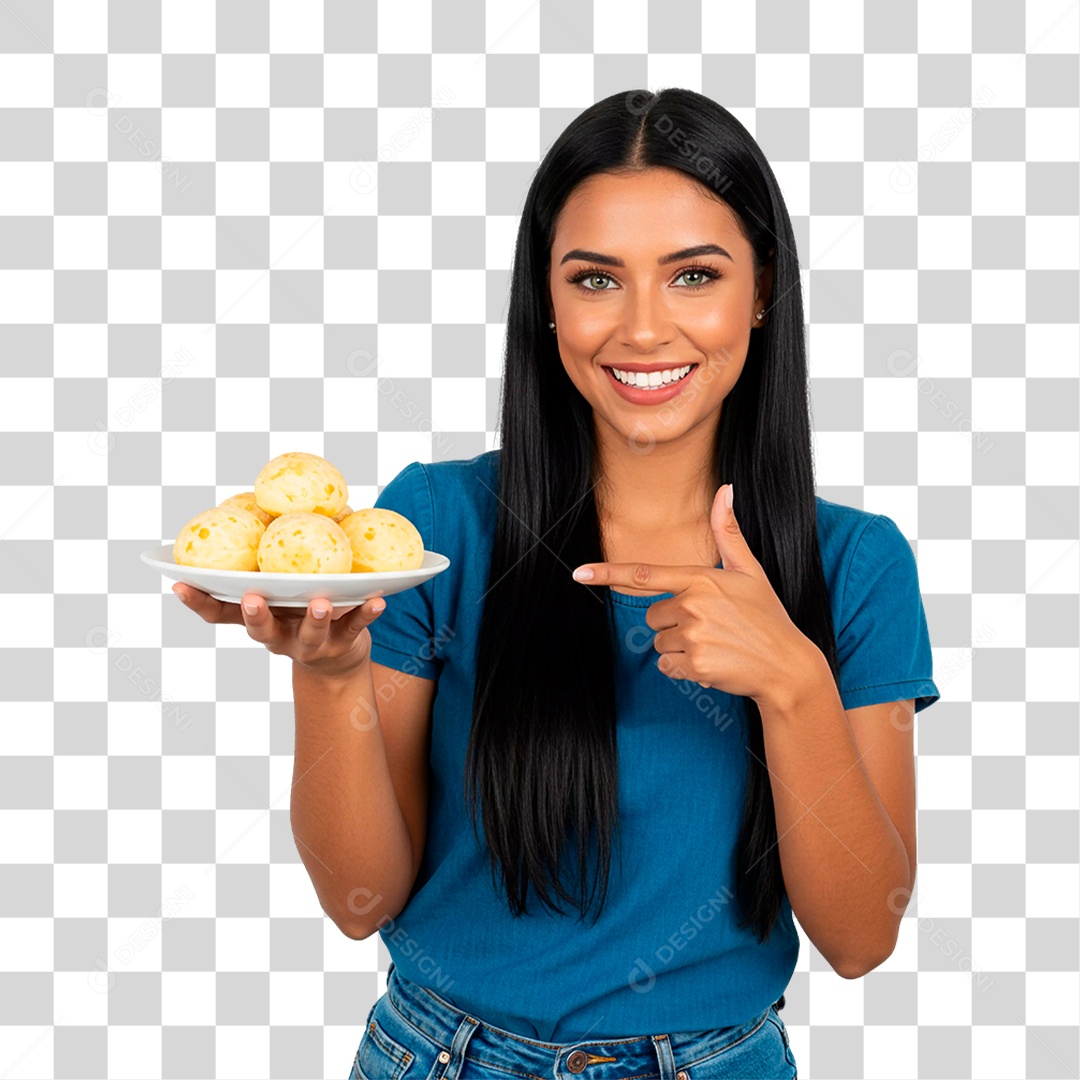 Mulher Segurando Prato com Pão de Queijo PNG Transparente