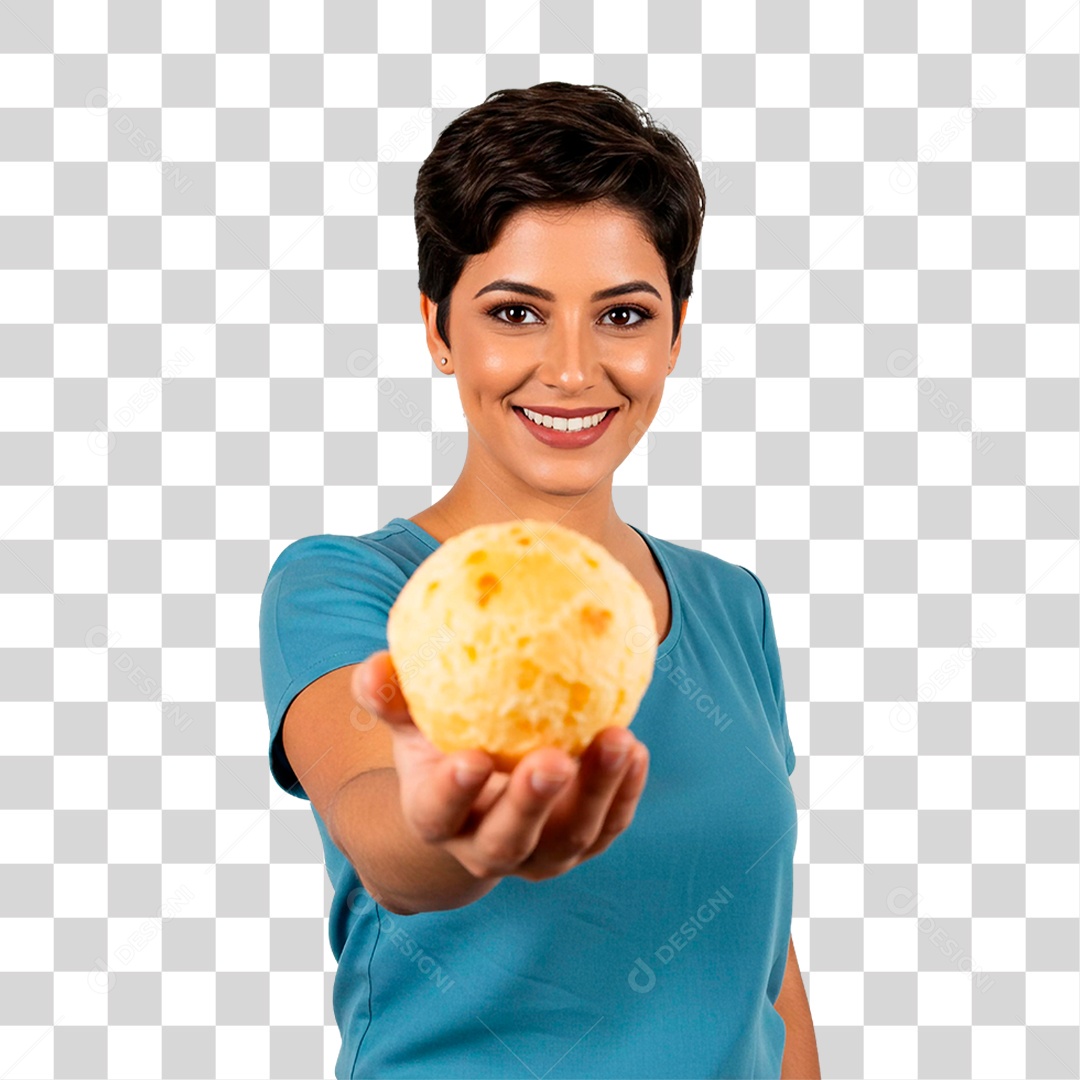 Mulher Mostrando Pão de Queijo PNG Transparente