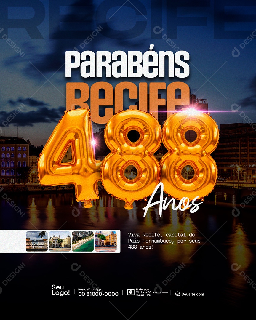 Parabéns Recife 488 Anos Feliz Aniversário Social Media PSD Editável