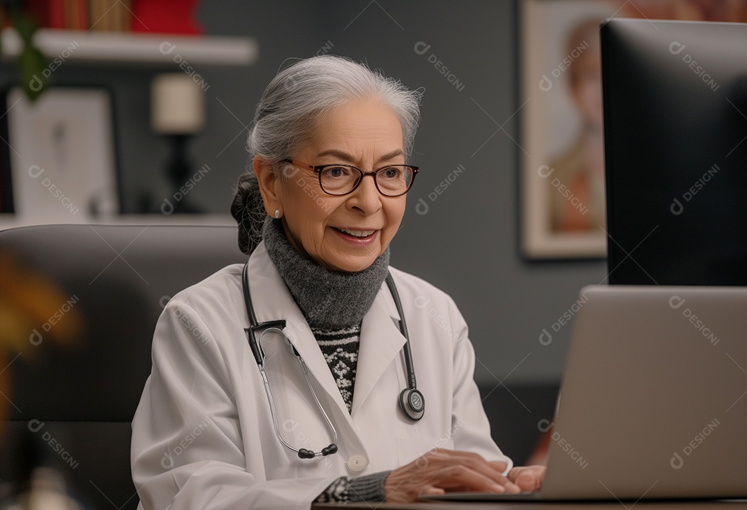 Médica idosa sorridente de jaleco branco trabalhando em um laptop