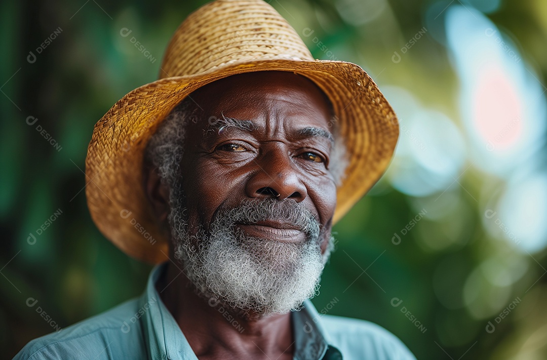 Um homem idoso alegre com barba branca usando um chapéu