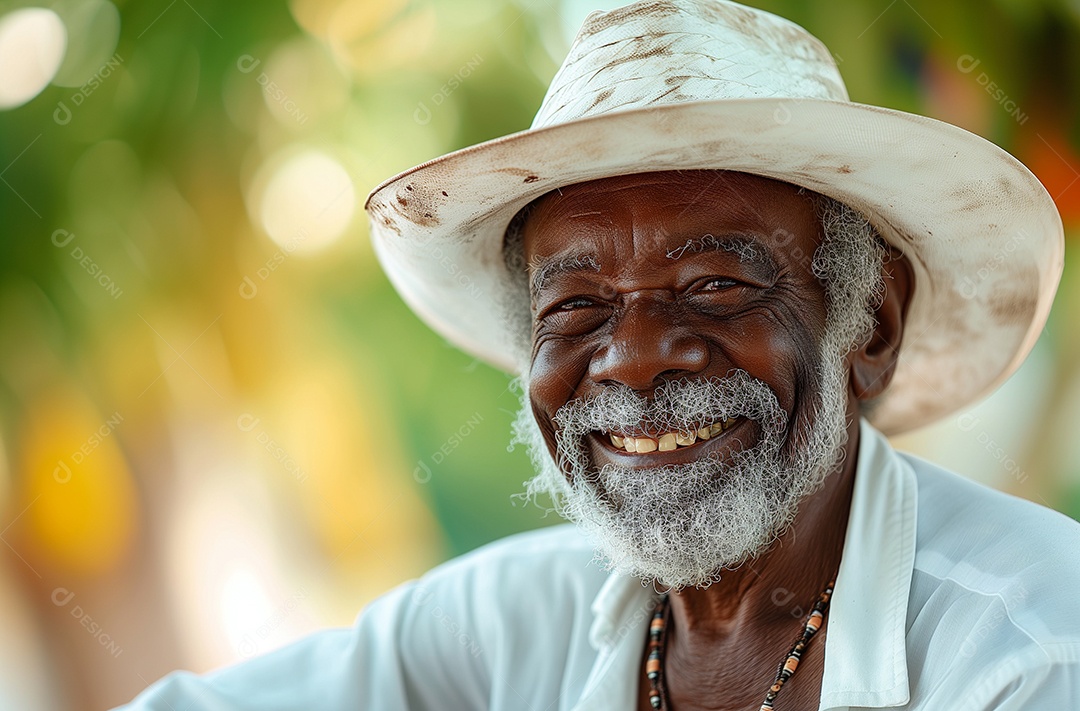 Um homem idoso alegre com barba branca usando um chapéu