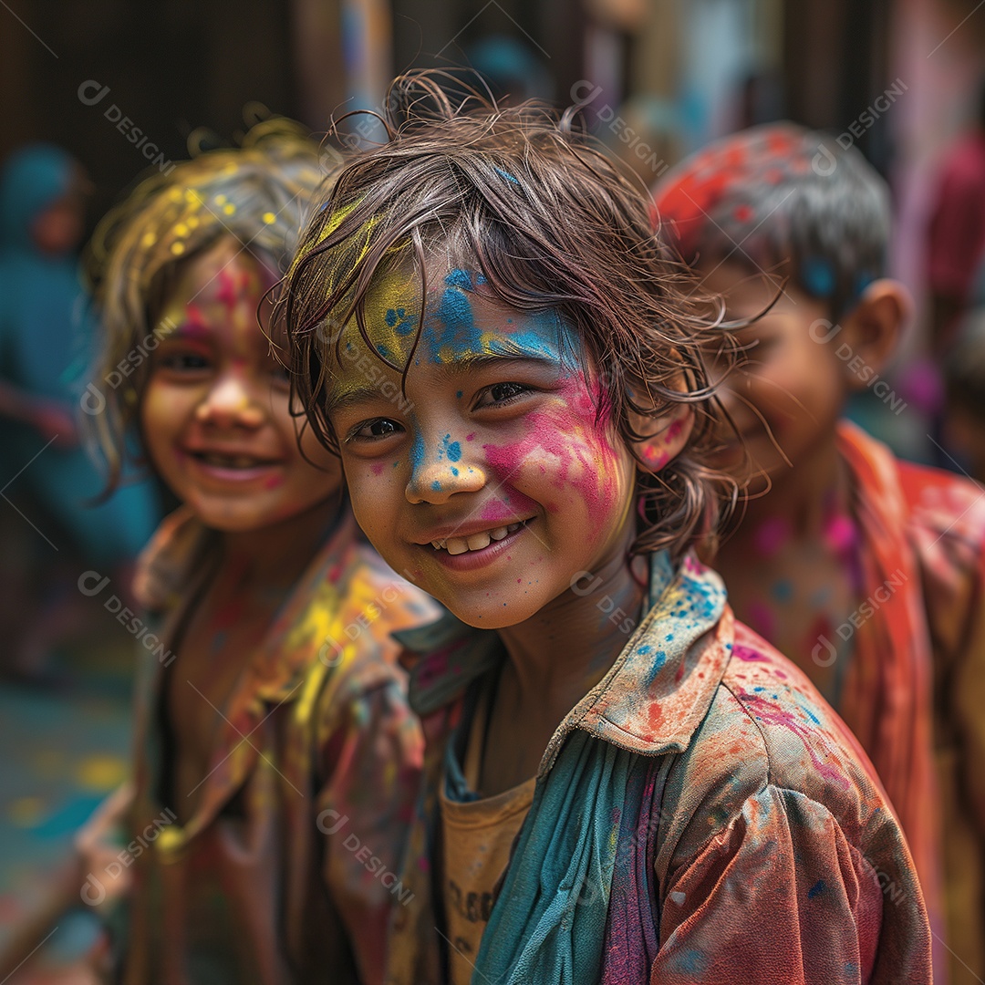 Um grupo de crianças pequenas se cobre com cores vibrantes durante o festival Holi na Índia