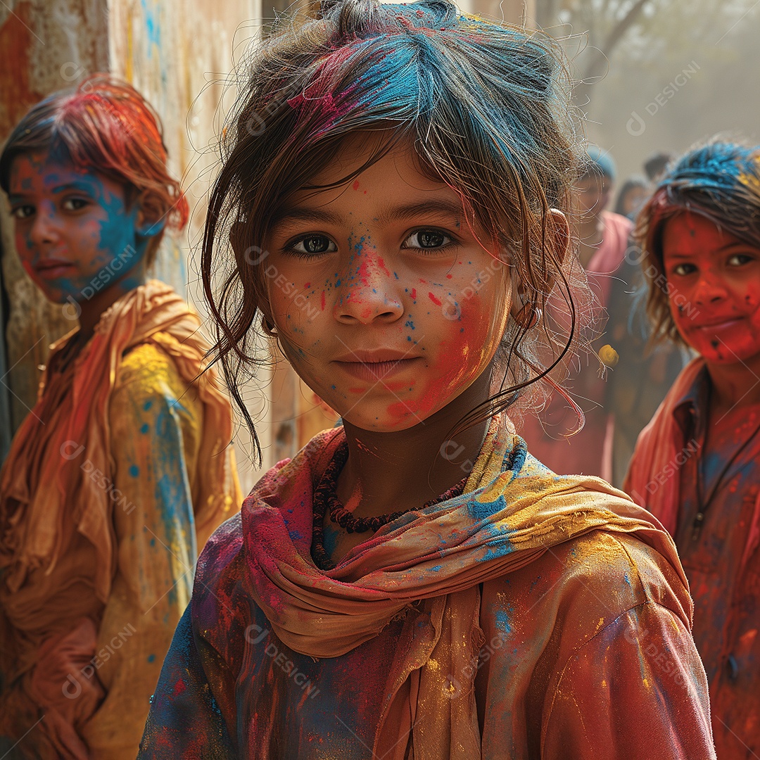 Um grupo de crianças pequenas com cores vibrantes durante o festival Holi na Índia