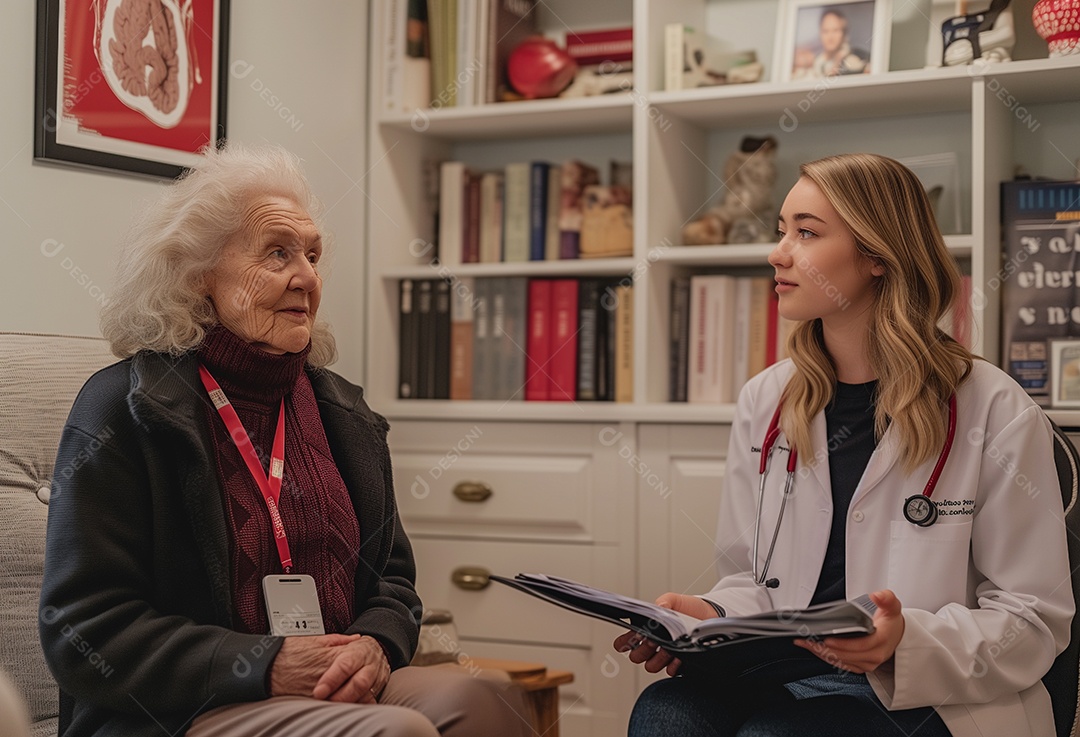 Uma jovem médica de jaleco branco consulta uma senhora idosa
