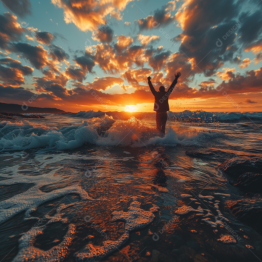 Uma silhueta de uma pessoa em pé no oceano com os braços erguidos alegria
