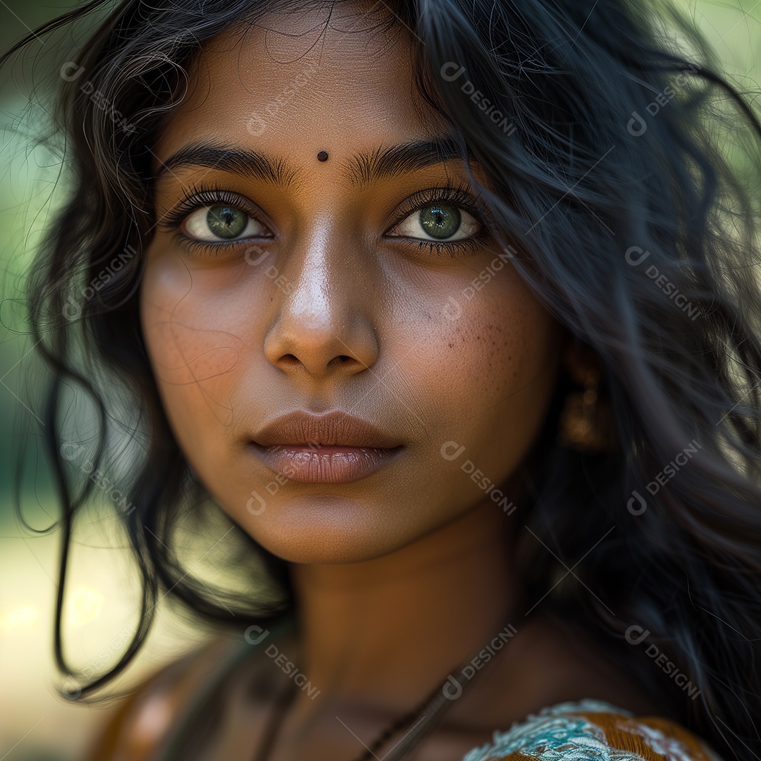 Uma jovem indiana com impressionantes olhos verdes e feições delicadas