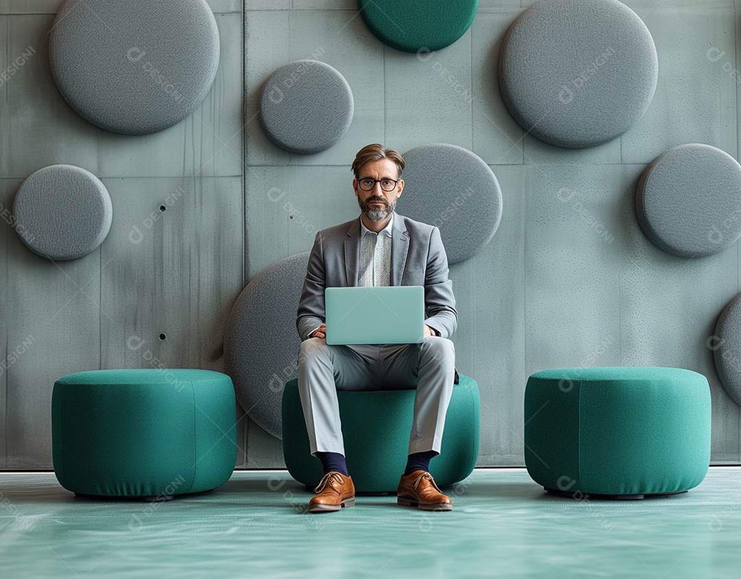 Um homem elegante e bem vestido senta se com seu laptop em um escritório