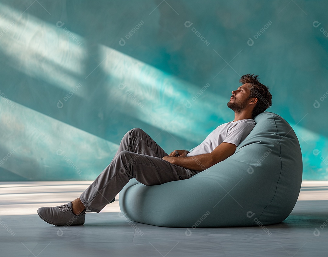 Um homem relaxando em uma cadeira de pufe banhada por uma suave luz natural