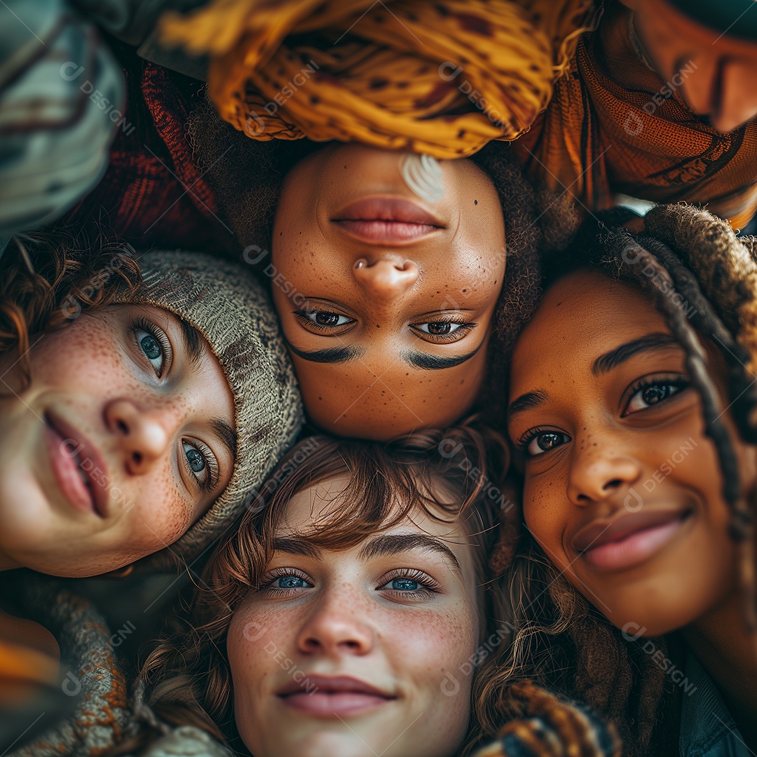 Quatro jovens mulheres juntas olhando diretamente para a câmera com sorrisos genuínos