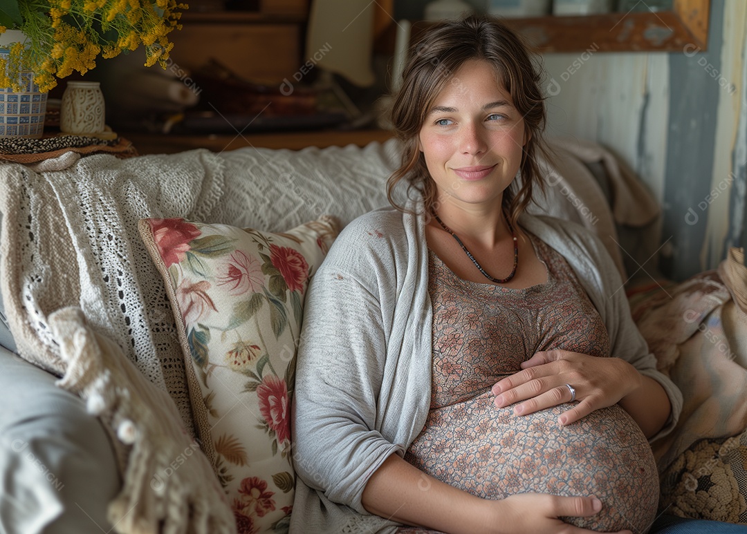 Uma mulher grávida descansando confortavelmente em um sofá