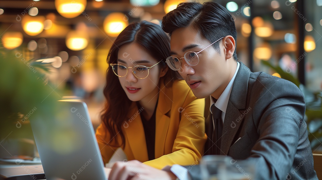 Casal profissional colaborando em um laptop exalando trabalho em equipe e inovação