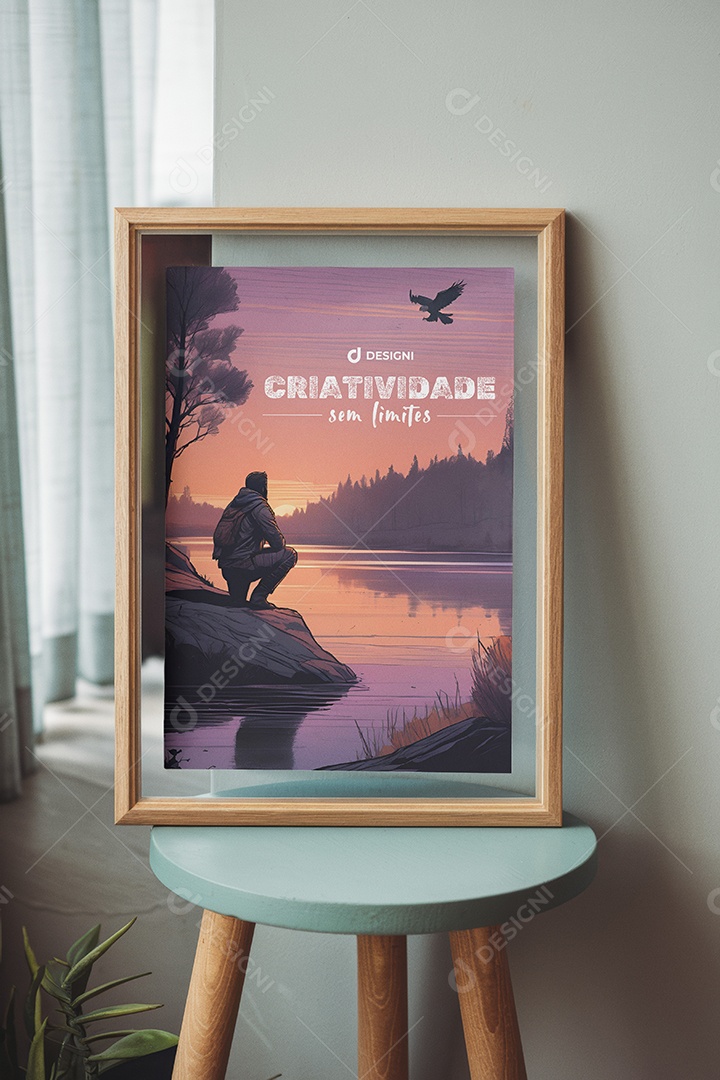 Mockup de Quadro Apoiado na Banqueta PSD Editável