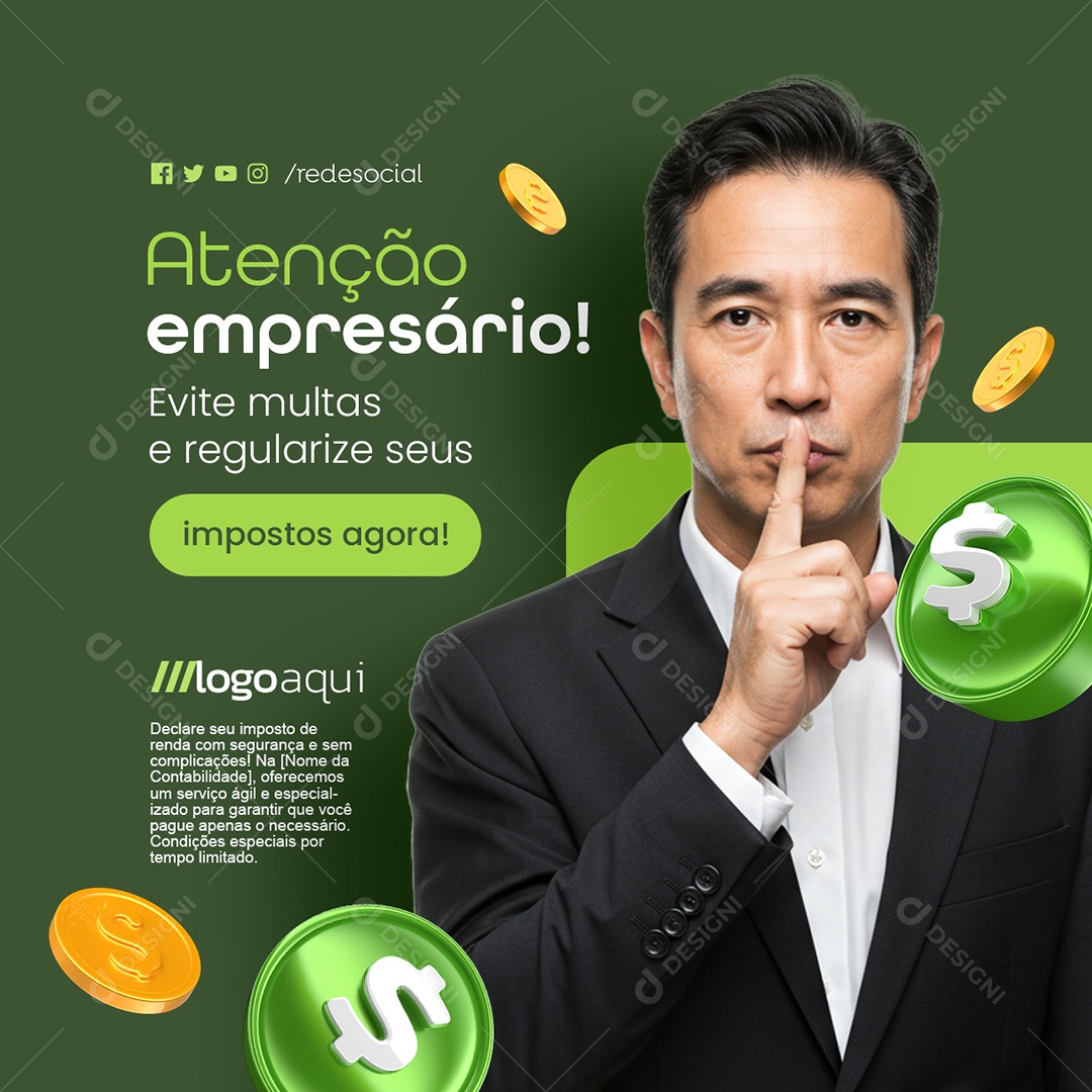 Contabilidade Atenção Empresário Evite Multas Social Media PSD Editável