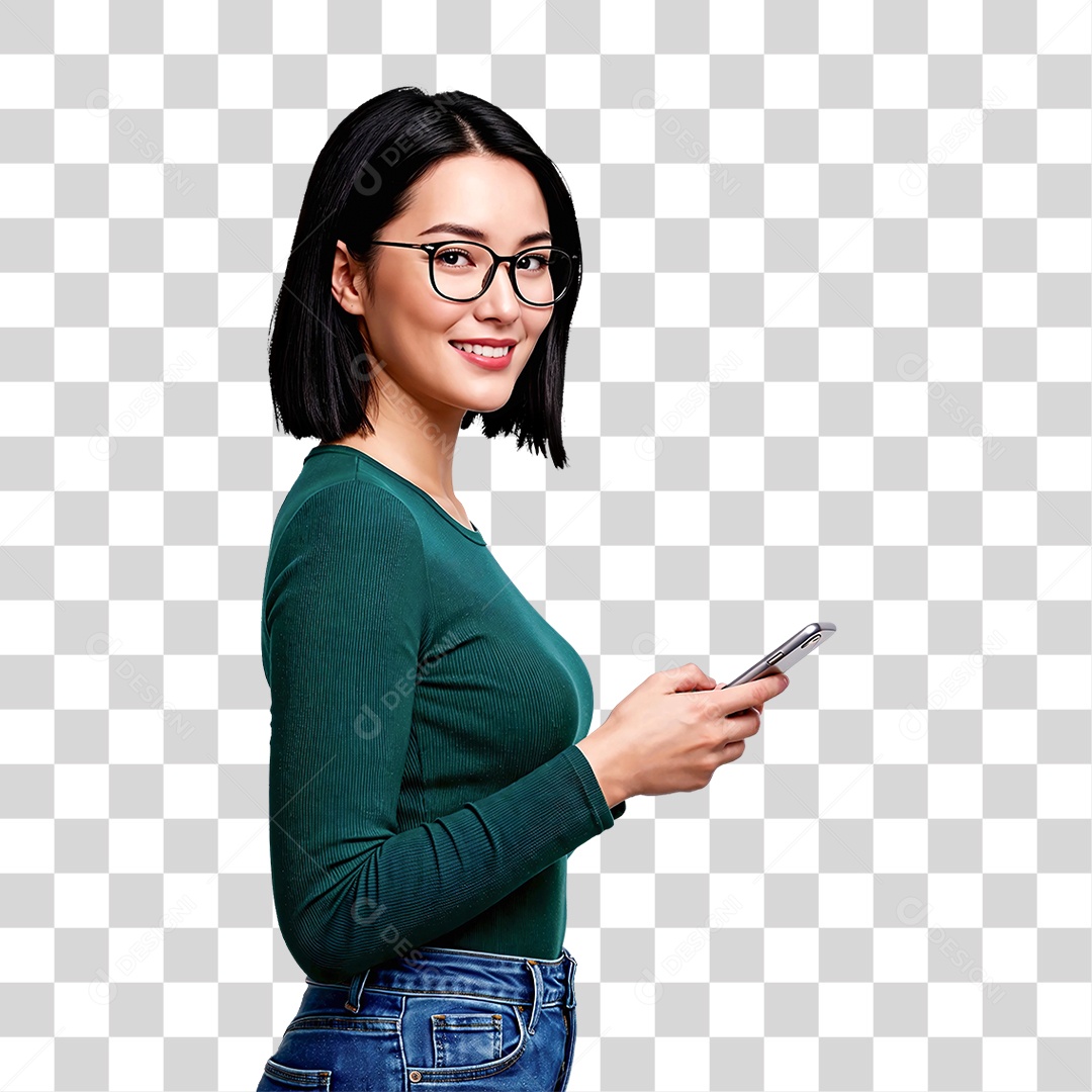 Mulher de Óculos Segurando o Celular PNG Transparente