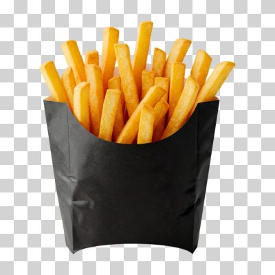 Batata Frita Porção em Caixa Preta de Papel Isolada PNG Transparente