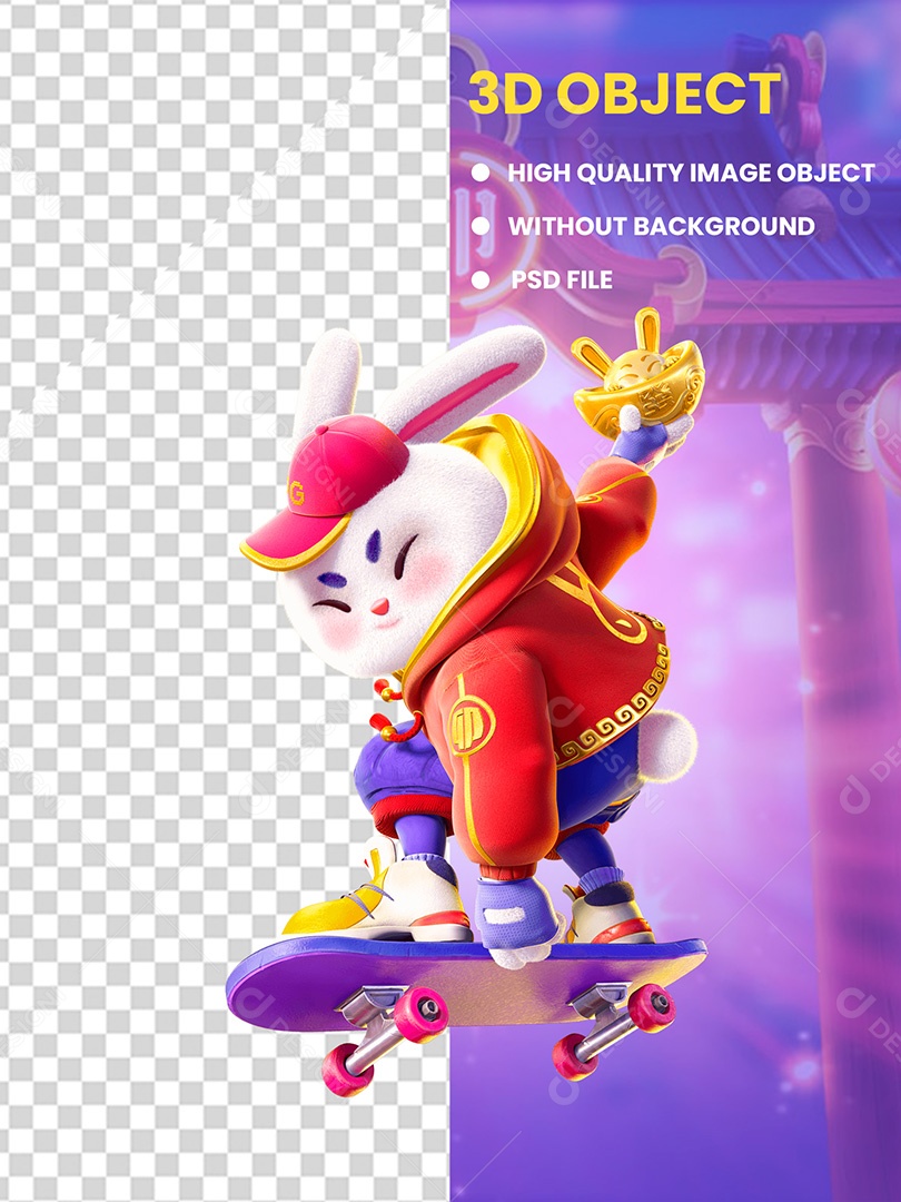 Coelha em Skate Elemento 3D Para Compisição PSD