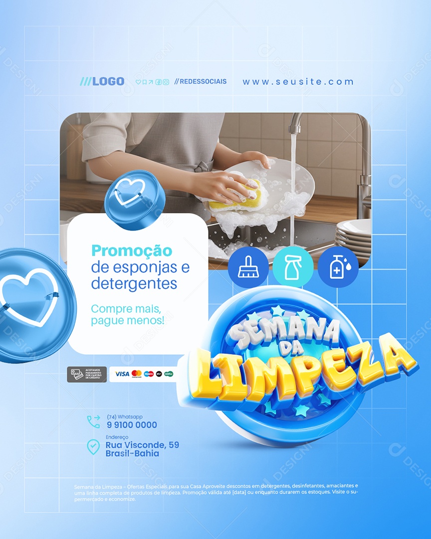 Semana Da Limpeza Promoção de Esponjas e Detergentes Social Media PSD Editável