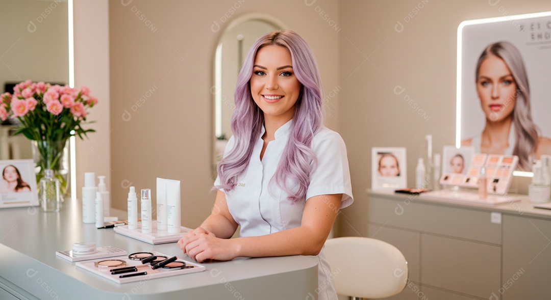Retrato realista de mulher loira linda sorridente sobre uma clinica de estética