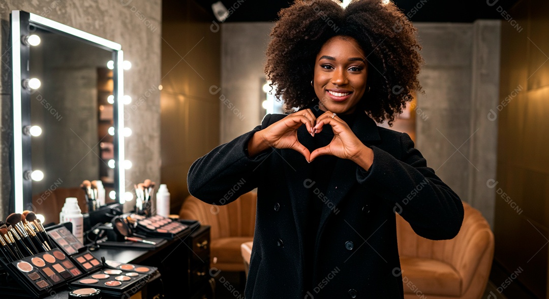Retrato realista de mulher linda negra sorridente sobre uma clinica de estética