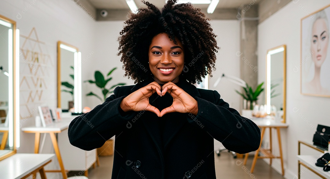 Retrato realista de mulher linda negra sorridente sobre uma clinica de estética