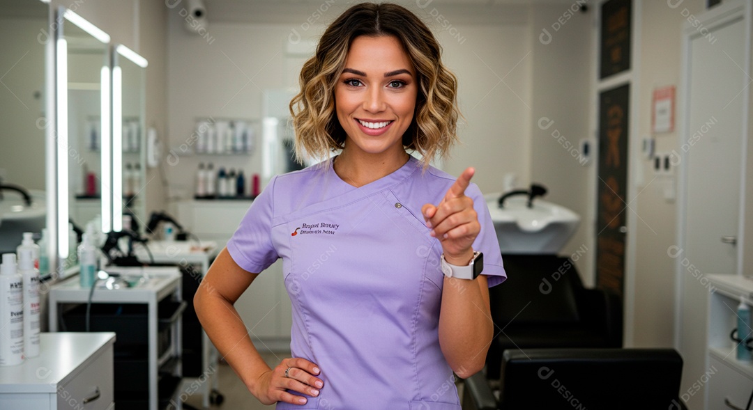 Retrato realista de mulher linda sorridente sobre uma clinica de estética