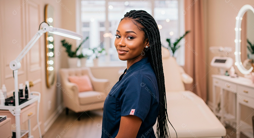 Retrato realista de mulher linda negra sorridente sobre uma clinica de estética