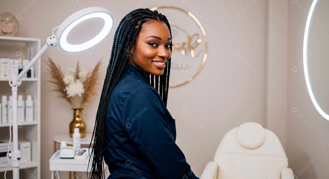 Retrato realista de mulher linda negra sorridente sobre uma clinica de estética