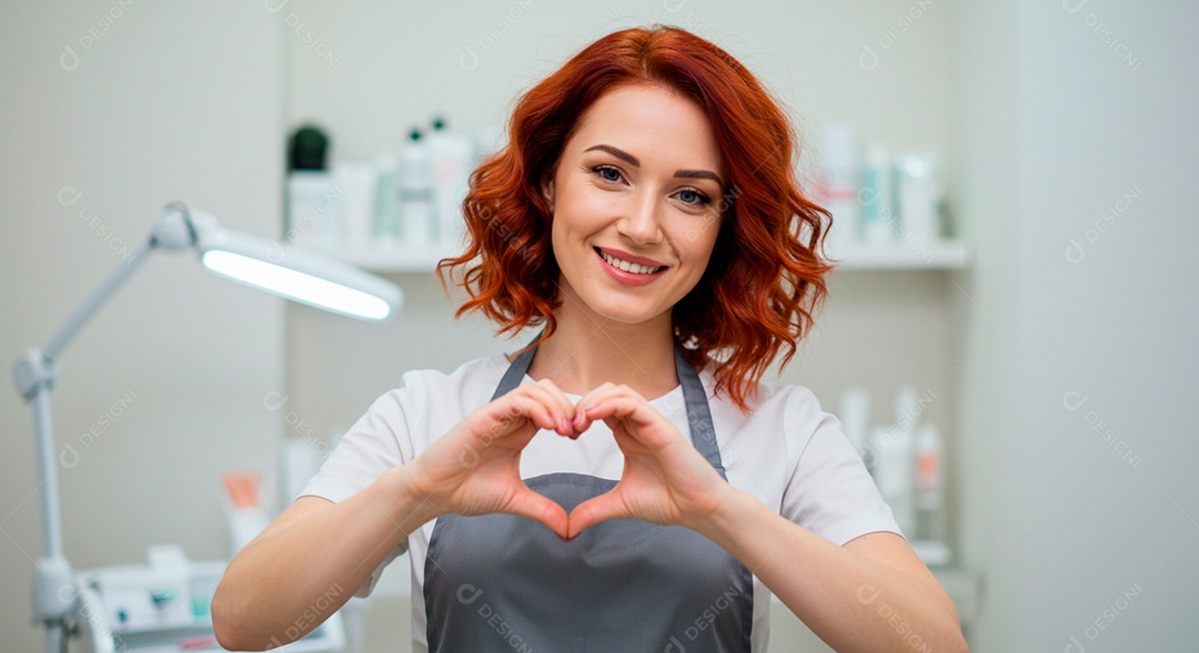 Retrato realista de mulher linda sorridente sobre uma clinica de estética