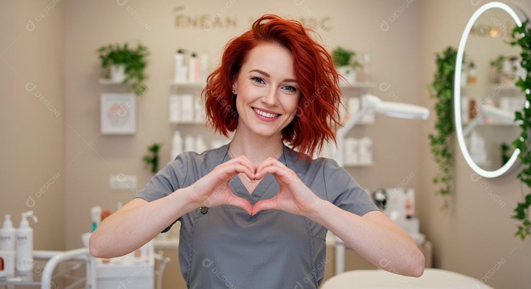 Retrato realista de mulher linda sorridente sobre uma clinica de estética