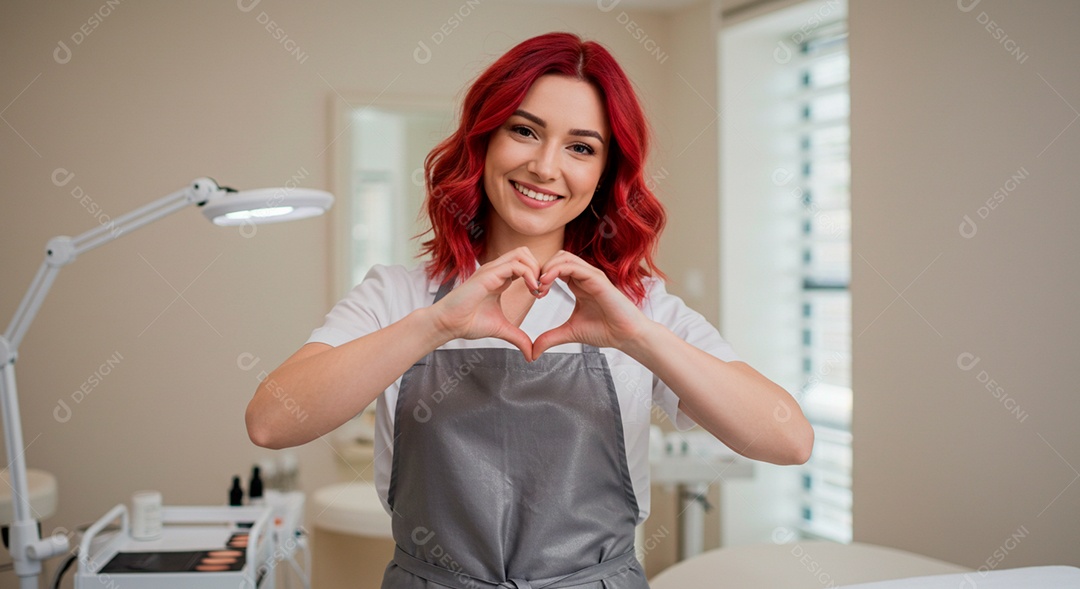 Retrato realista de mulher linda sorridente sobre uma clinica de estética