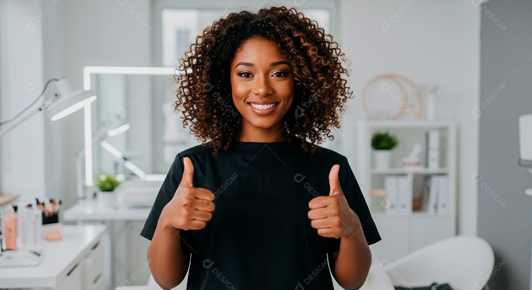 Retrato realista de mulher negra linda sorridente sobre uma clinica de estética