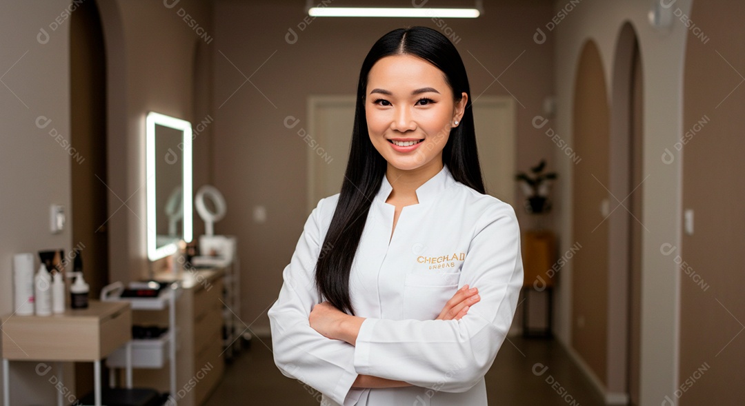 Retrato realista de mulher linda sorridente sobre uma clinica de estética