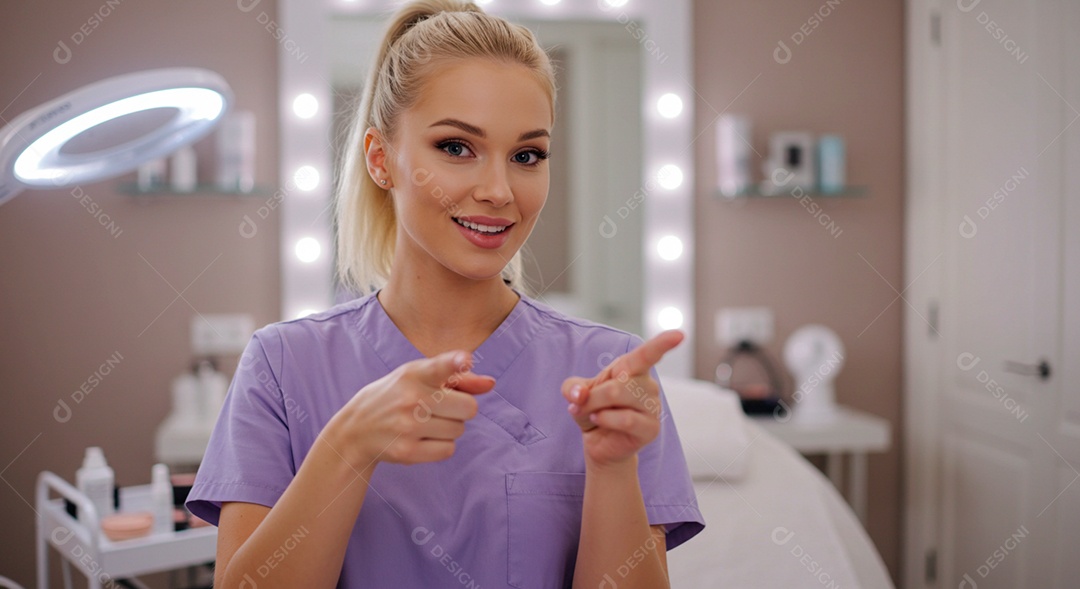 Retrato realista de mulher loira linda sorridente sobre uma clinica de estética