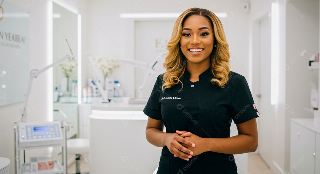 Retrato realista de mulher loira linda sorridente sobre uma clinica de estética