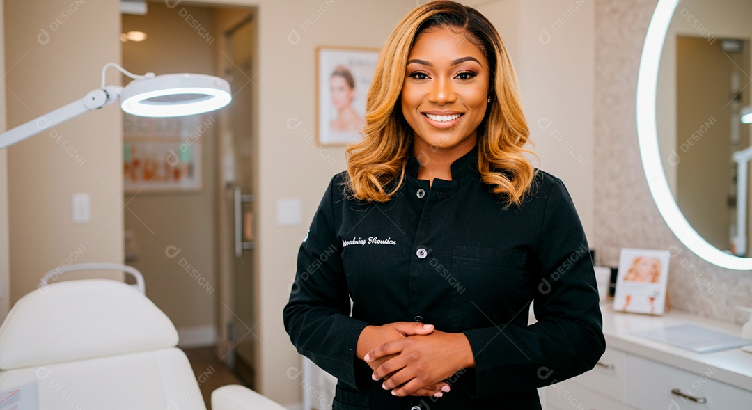 Retrato realista de mulher loira linda sorridente sobre uma clinica de estética
