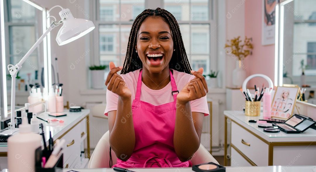 Retrato realista de mulher linda sorridente sobre uma clinica de estética