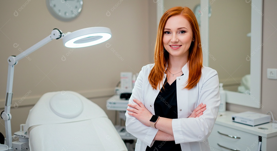 Retrato realista de mulher linda sorridente sobre uma clinica de estética