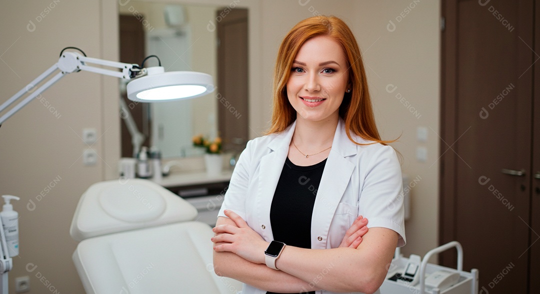 Retrato realista de mulher linda sorridente sobre uma clinica de estética