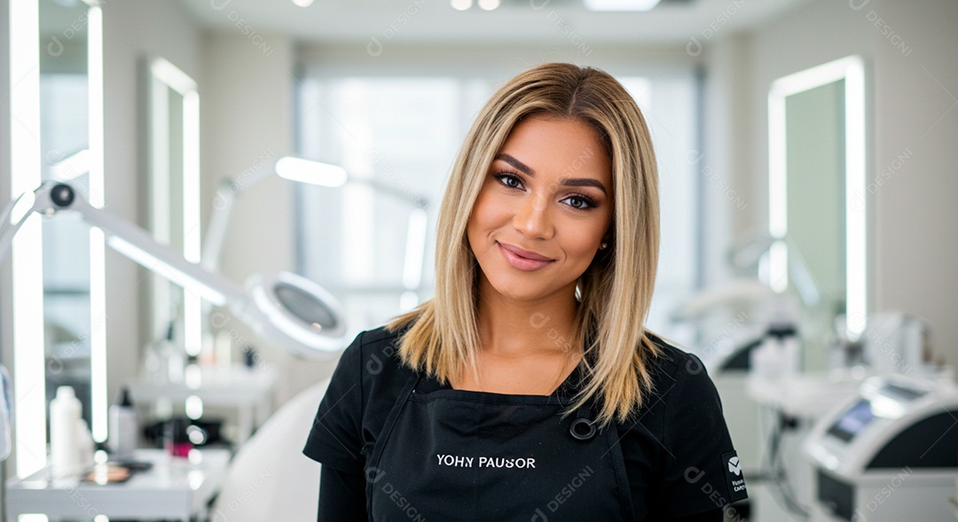 Retrato realista de mulher loira linda sorridente sobre uma clinica de estética