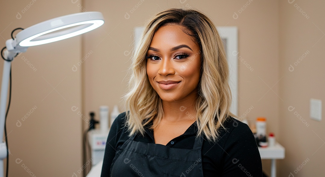 Retrato realista de mulher loira linda sorridente sobre uma clinica de estética