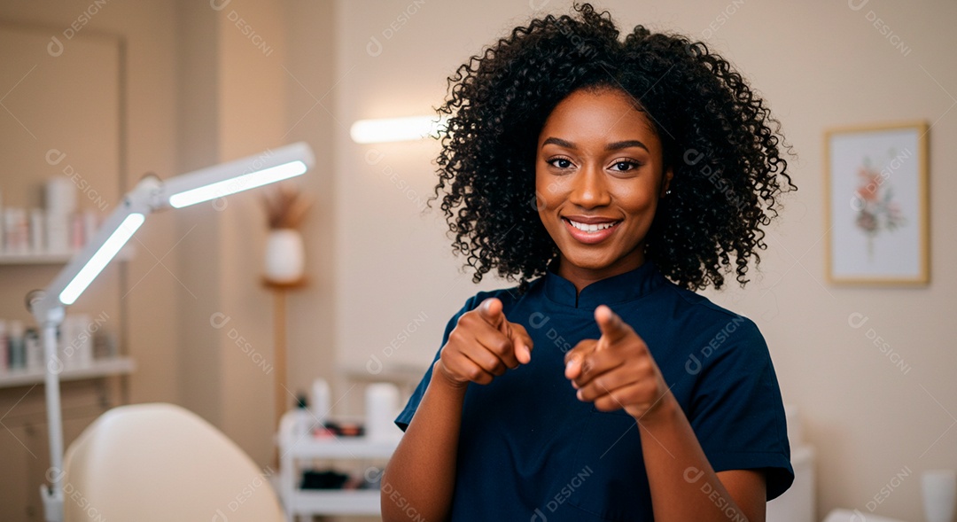 Retrato realista de mulher linda negra sorridente sobre uma clinica de estética