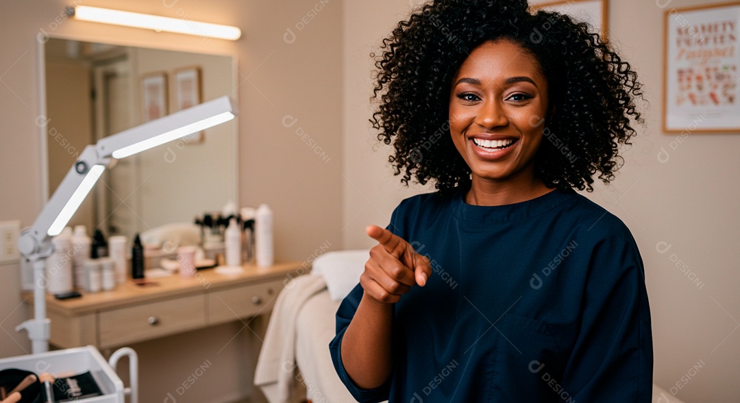 Retrato realista de mulher linda negra sorridente sobre uma clinica de estética