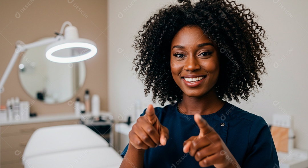 Retrato realista de mulher linda negra sorridente sobre uma clinica de estética