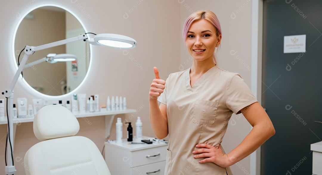 Retrato realista de mulher loira linda sorridente sobre uma clinica de estética